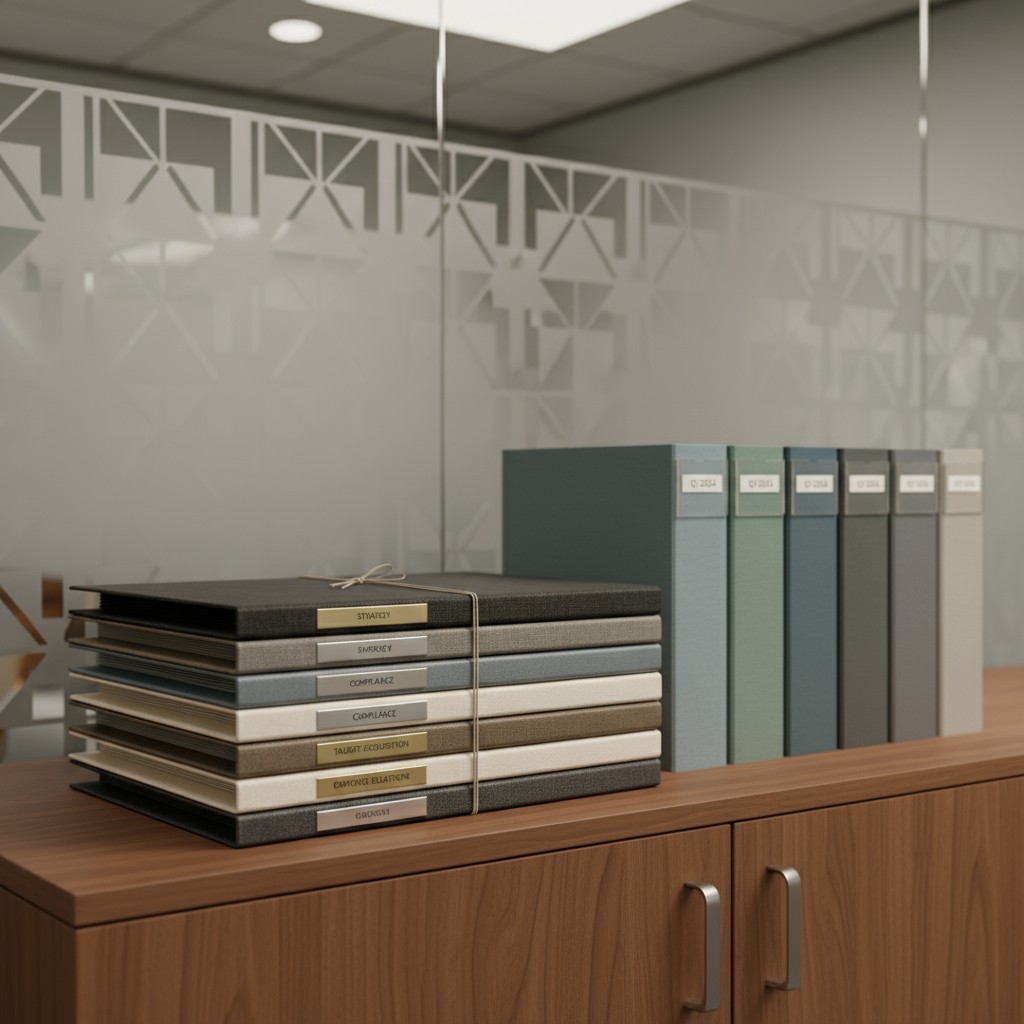 View of an office workspace with decorative bookshelves and a glass partition. View of an office workspace with decorative...