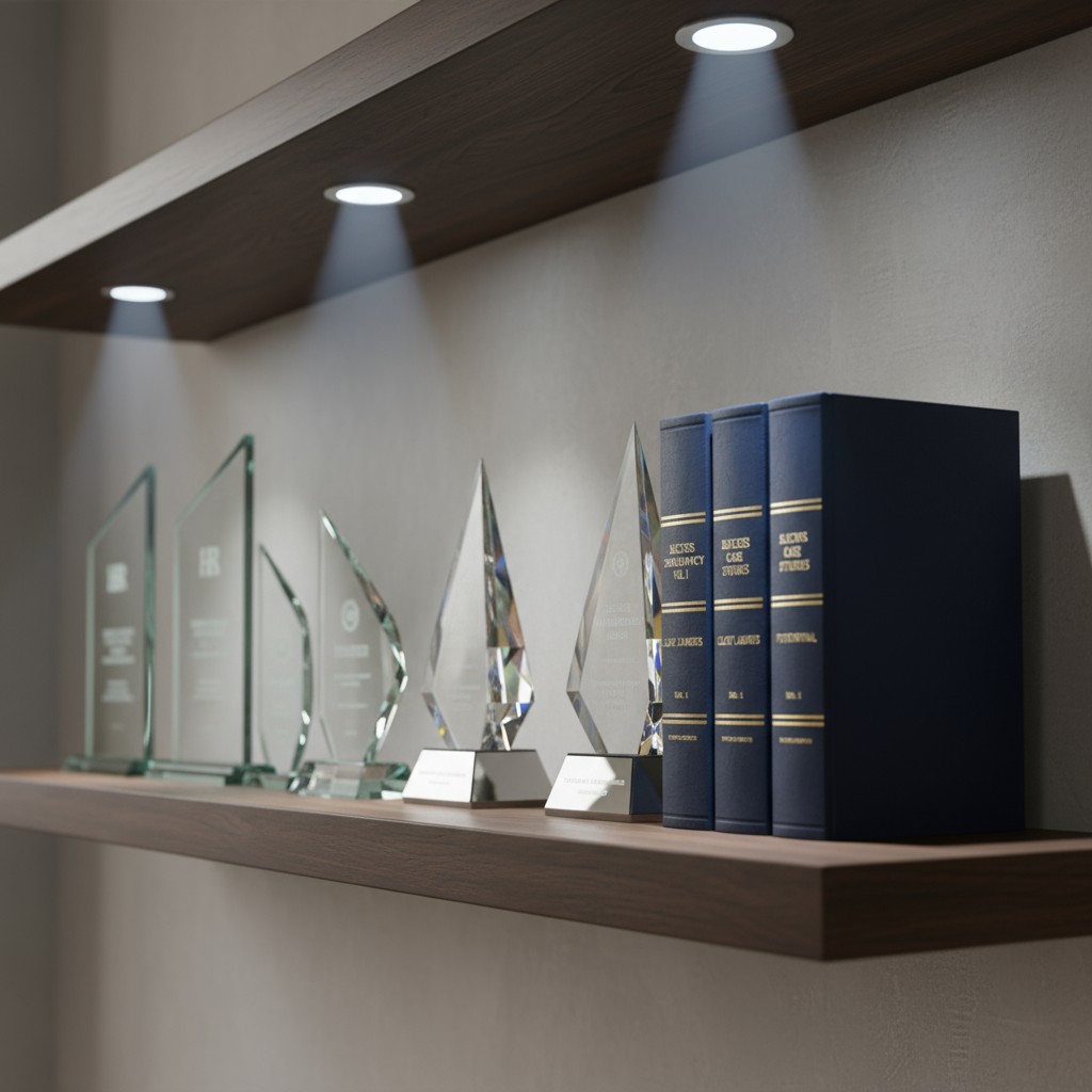 A bookshelf illuminated by spotlights features a row of glass and crystal trophies and awards, with navy blue books on the...