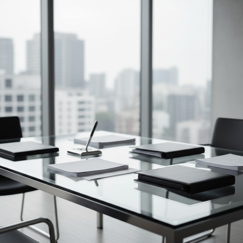Office space with a desk and black office supplies set against a cityscape.